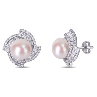 Miabella Freshwater Cultured Pearl and 2-1/8 Carat T.G.W. Cubic Zirconia Sterling Silver Swirl Stud Earrings