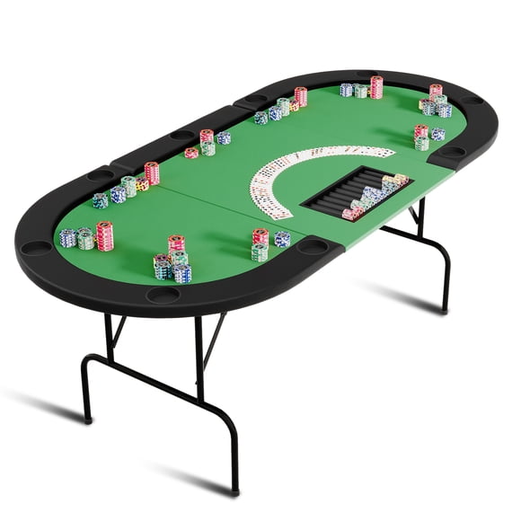 Oval Poker Table with Collapsible Legs, 10 Player Blackjack Gaming Table, Casino Leisure Table with Cup Holders