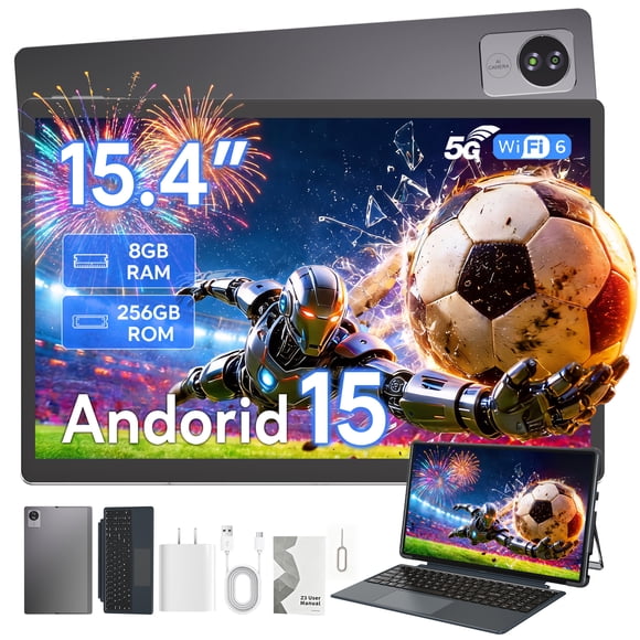 Golzer Tablette 15,4 Pouces, Tablette Android 15 avec Processeur Octa-Core Helio G99 (Surpasse Unisoc T618), Tablette 2 en 1 avec Étui Support Clavier, 8 Go RAM 256 Go ROM, 10000mAh, BT5.2, 4 Haut-Parleurs, Wi-Fi 2,4g/5g