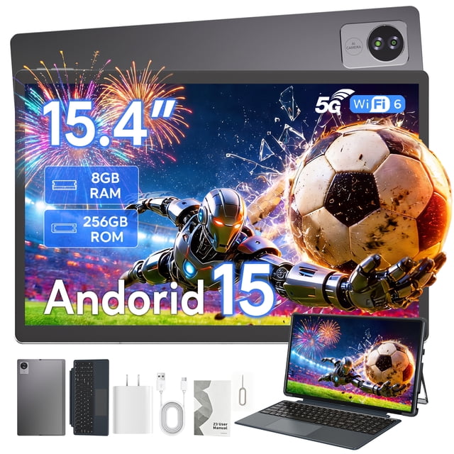 Golzer 15.4 inch Tablet, Android 15 Tablet with Helio G99 Octa-Core Processor(Beat Unisoc T618), 2 in 1 Tablets with Keyboard Stand Case, 8GB RAM 256GB ROM, 10000mAh, BT5.2, 4 Speakers, 2.4G/5G WiFi