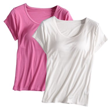 Cameland 2 Packs Hauts de Yoga pour Femmes Manches Courtes Coton Confortable T-Shirts Basiques avec Soutien-Gorge Intégré (Achetez 1 Ou 2 Tailles Plus)