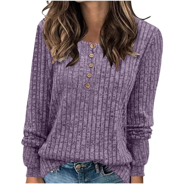 Besolor 2024 Chandails de Mode pour Femmes à Manches Longues Col Ras du Cou Décontractés Amples en Tricot Côtelé Chandails à Enfiler Hauts Violet