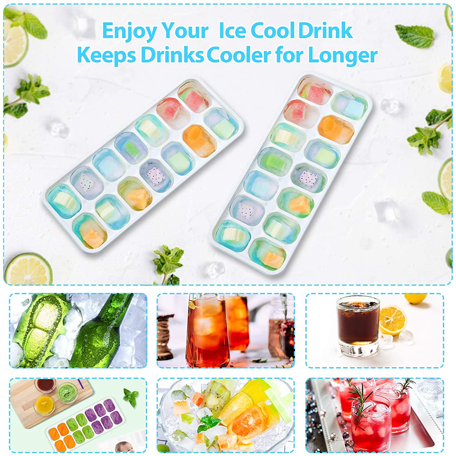 Ice Cube Trays 4 Pack, Easy-Release Silicone and Flexible 14-Ice Cube Trays with Spill-Resistant Removable Lid, BPA Free, for Cocktail, Beer, Stackable Flexible Ice Molds