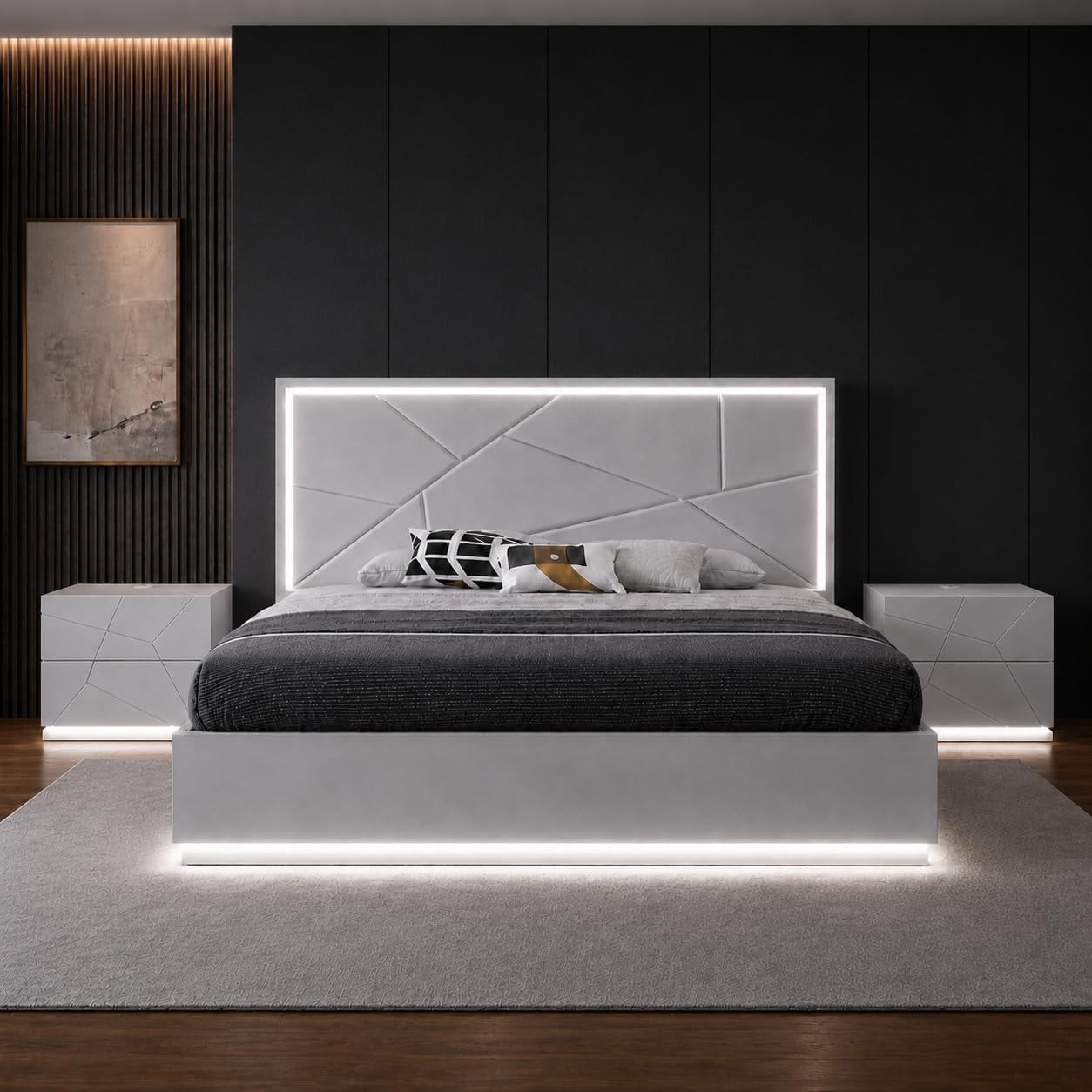 Led Grey Color Joren Modern Hydraulic Lift-Up Storage Bed with LED Headboard, Glossy ...