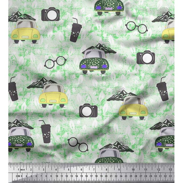 Soimoi polyester Crepe Fabric Specs,Camera & Car Transport Print Fabric by the Yard 52 Inch Wide