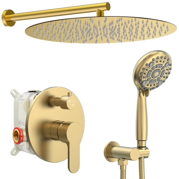 SR SUN RISE Shower Faucet - 16 Inch Multifunctional High Pressure Shower Head System with Handheld Shower Head Fixtures - Valve Included - Brushed Gold