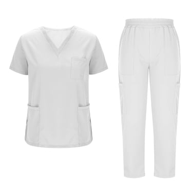 yoeyez Scrubs for Women Plus Size Set 3X,Ladies Stretch V Neck Scrub Sets Top and Pants Set With Multi Pockets Soft Stretch Athletic Workwear White