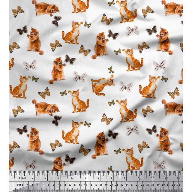 Soimoi White Cotton Voile Fabric Insect & Cat Animal Print Sewing Fabric BTY 42 Inch Wide