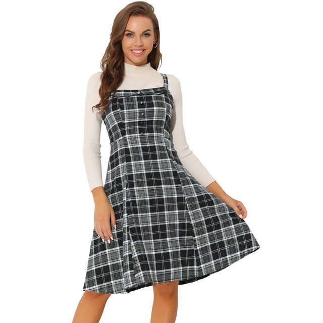 INSPIRE CHIC Robe à Bretelles pour Femme Rétro à Carreaux Col Carré Ligne A Midi Robe Salopette L Noir