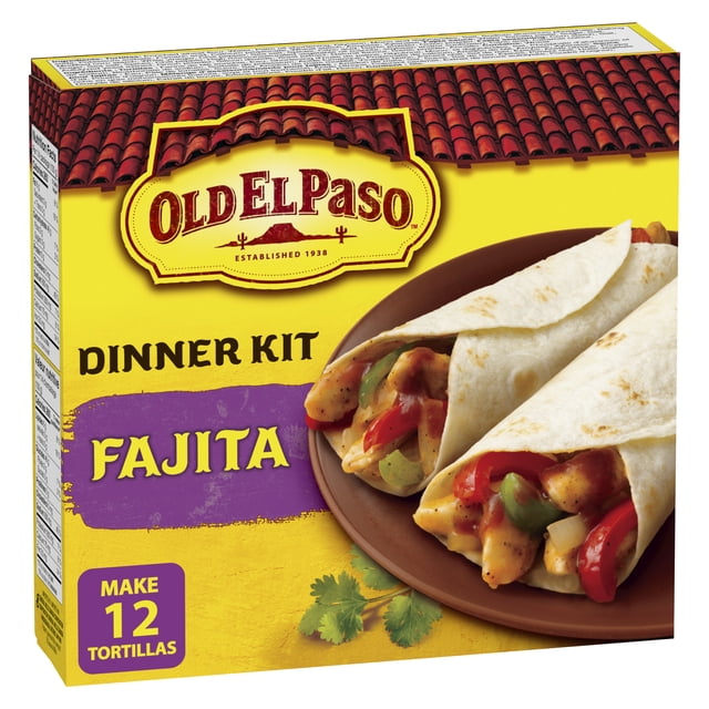 Old El Paso Fajita Dinner Kit box with yellow background and red tile roof design, showing two soft flour tortillas filled with chicken strips, red and green bell peppers, and onions on a brown plate, making 12 tortillas for easy Mexican-style meals.