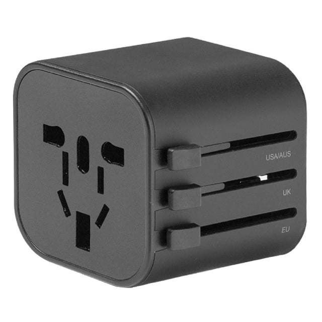 Mekury Innovations Travel Adapter International Plug Adapter in black with compact cube design, featuring sliders for USA/AUS, UK, and EU plugs, designed as a travel converter accessory compatible with over 200 countries for versatile device charging.