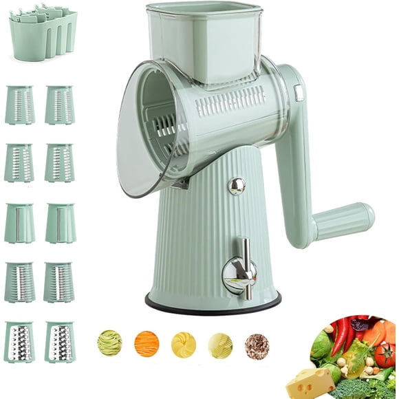 Grater, Vegetable Grater, Rotary Cheese Grater, Hand Crank, Cheese Shredder with 5 Interchangeable Blades Kitchen with Strong Suction Base for Fruit Vegetables Green