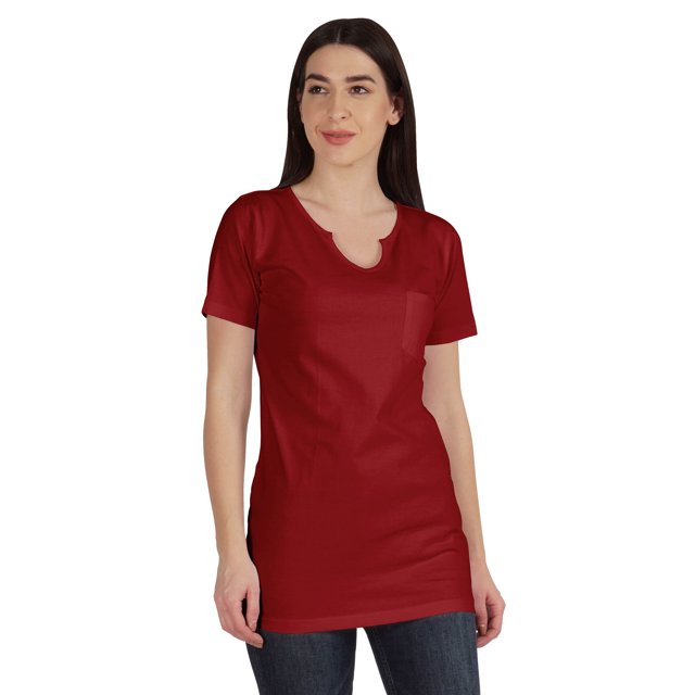 Inkmeso Long Length Notch Neck Top For Women Basic Cotton Tee Shirt w/ Pocket Patch Legging Top