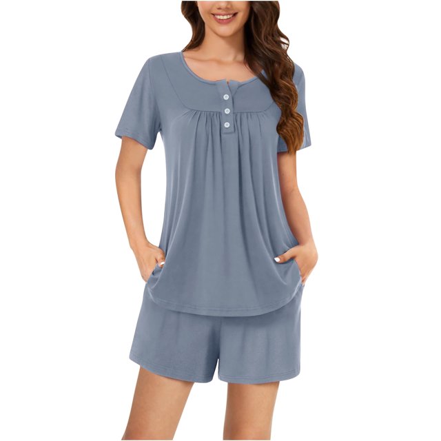 AherBiu Ensembles de Pyjama pour Femmes 2 Pcs Boutons Col Rond Hauts Ensemble de Pjs Shorts Confortables Vêtements de Nuit Vêtements de Nuit