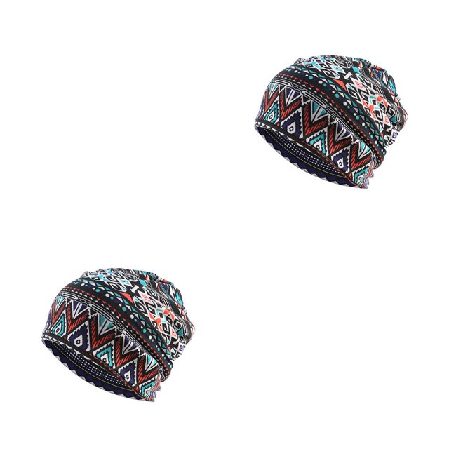 Baohd Bonnet Chapeau Musulman Hijab Imprimé Floral Foulard Coloré Turban Stretch Tête Wrap Mode Oreille Protection Bonnet Bleu Losange 2Set