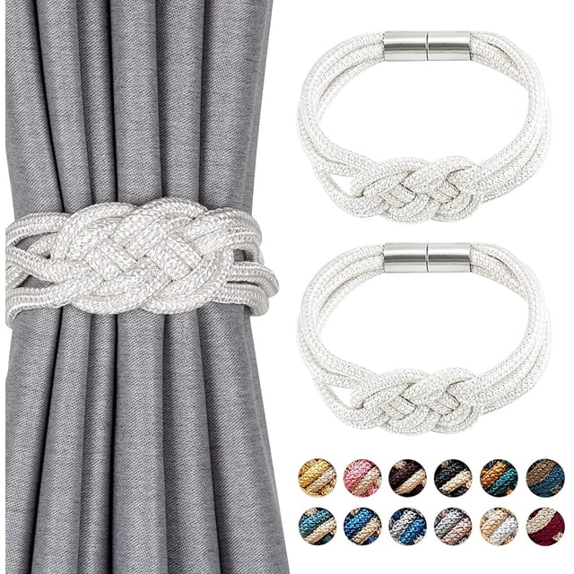 2 Pack Strong Magnetic Curtain Tiebacks in a Nordic simple style with a double-color weave rope knot design. The tiebacks are shown in a decorative braided pattern, holding a grey curtain. Made of high-quality polyester with nickel-plated magnets, these tiebacks are durable, wrinkle-resistant, and rust-resistant. The image also displays multiple color options for the tiebacks, suitable for home and office window drapery.