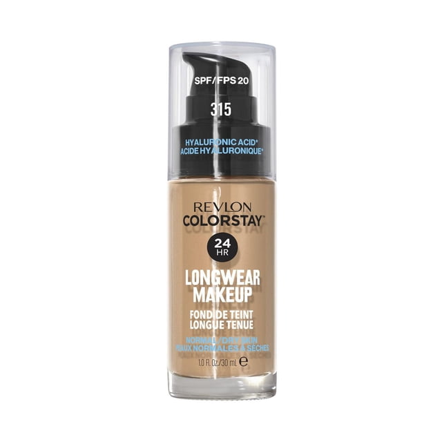 Revlon ColorStay Longwear Makeup for Normal/Dry Skin liquid foundation in shade 315, 30 ml bottle with black pump and clear cap, featuring SPF 20, hyaluronic acid for hydration, and 24-hour longwear coverage resistant to heat and humidity.