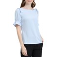 thumbnail image 4 of INSPIRE CHIC Women's Boat Neck Short Puff Sleeves Ruffle Top Blouses L Light Blue, 4 of 7