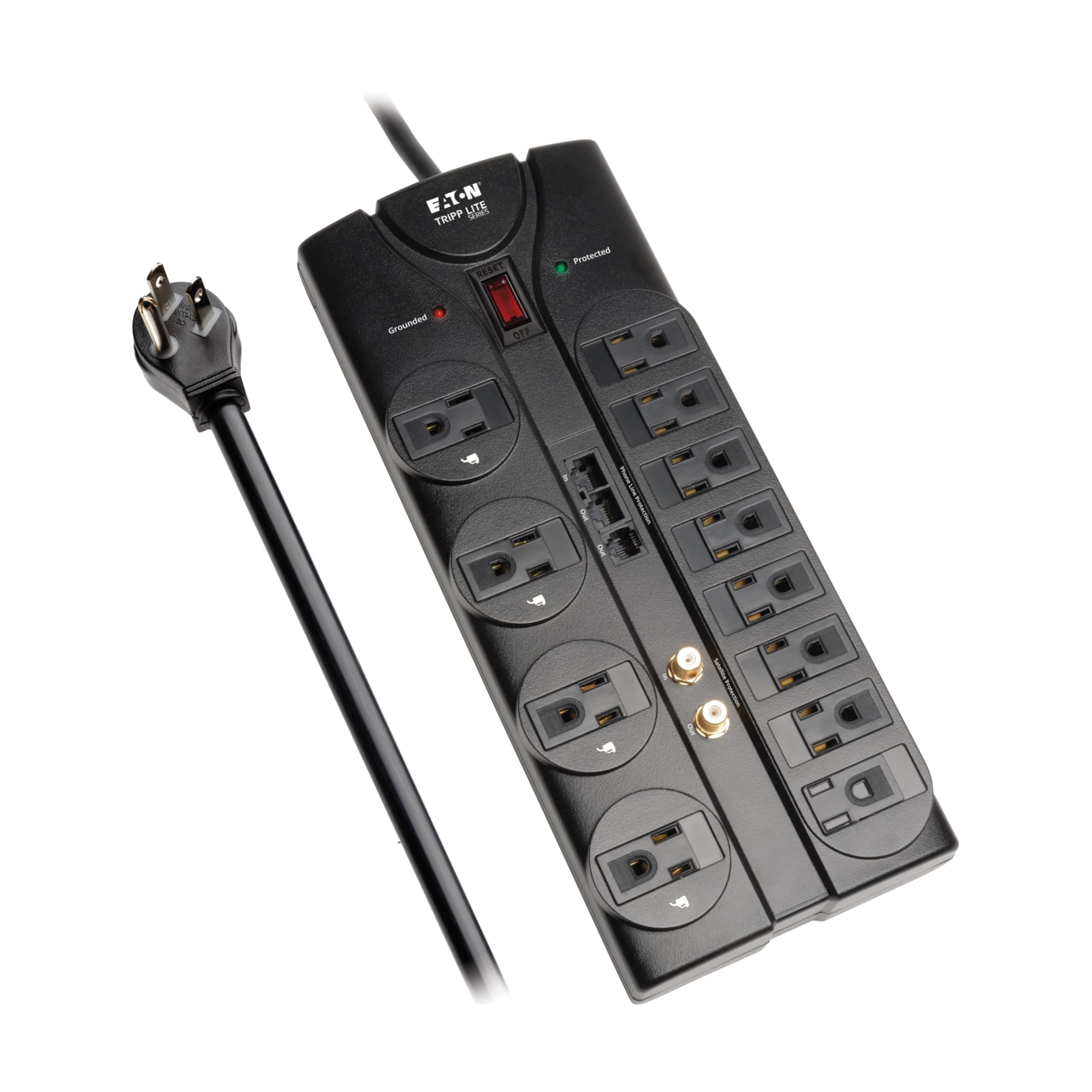 Eaton Tripp Lite TLP1208SAT Home Theater Surge Protector Power Strip, 12 Outlets, Flat Plug 8ft Extension Cord, 2880 Joules Coax, RJ11 and RJ45 Port