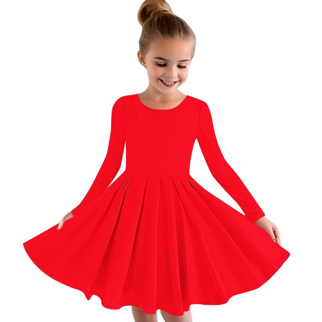 MeetoTime Robe de Performance pour Filles à Manches Longues, Couleur Unie, Col Rond, Extensible, Robe de Récital Scolaire, 4-14 Ans, Vêtements pour Enfants