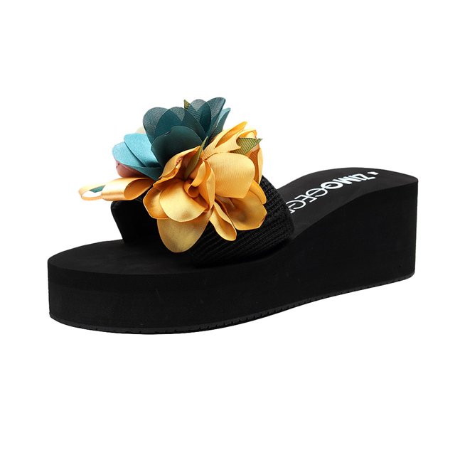 Fashion Women Slip-on Open Toe Wedges Heels Causal Flower Slipper Slides Shoes