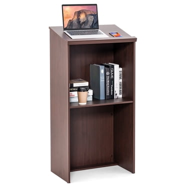 Gymax 46'' Podium Stand Hostess Stand w/ Tilted Desktop & Edge Stopper Pulpits