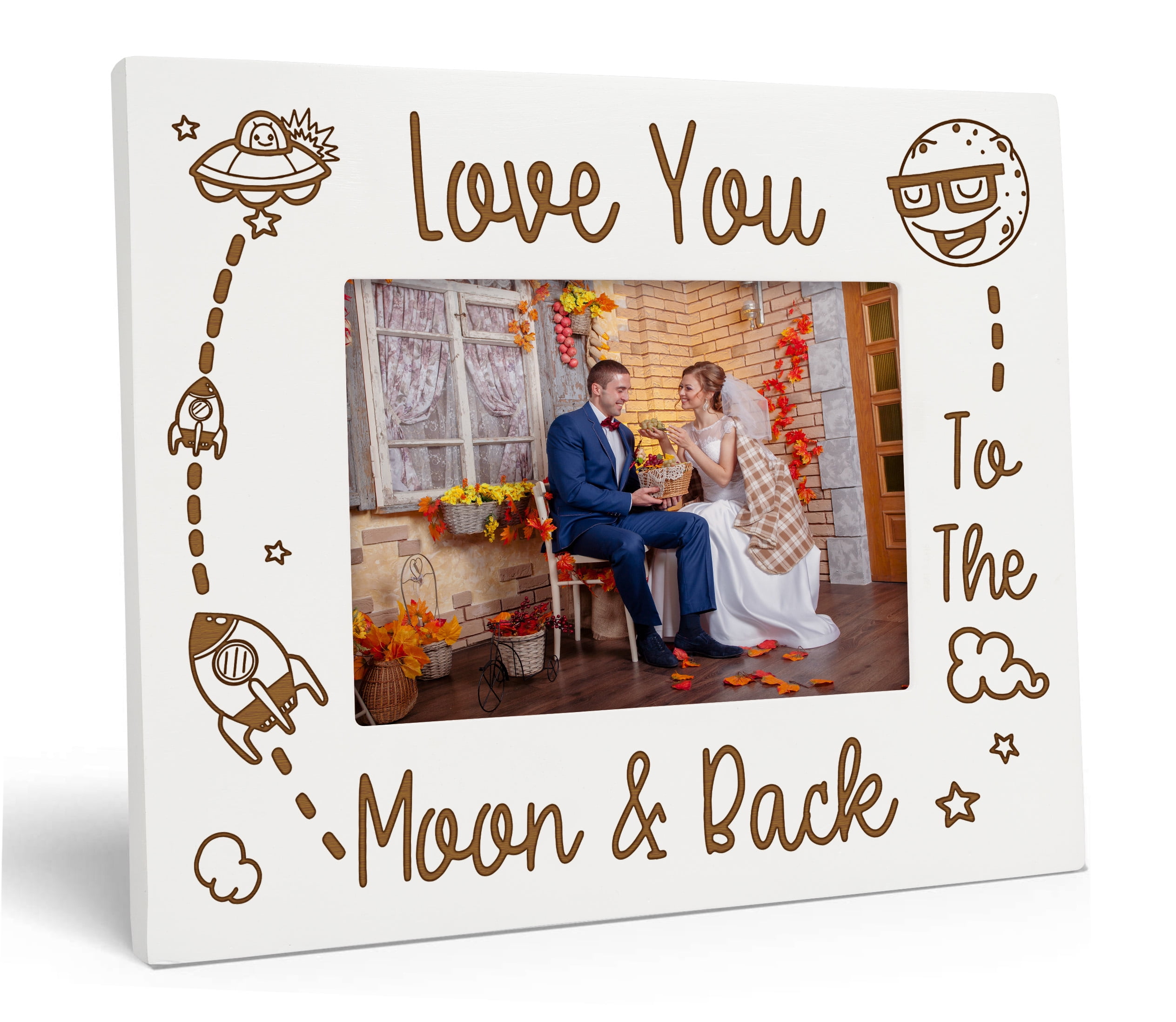 Darling Souvenir Made With Love Engraved Table Top Photo Frame Wooden Love You Moon & Back Quotes White Picture Frame Gift For Brothers Day, 5x7 Inches Horizontal Photo Size