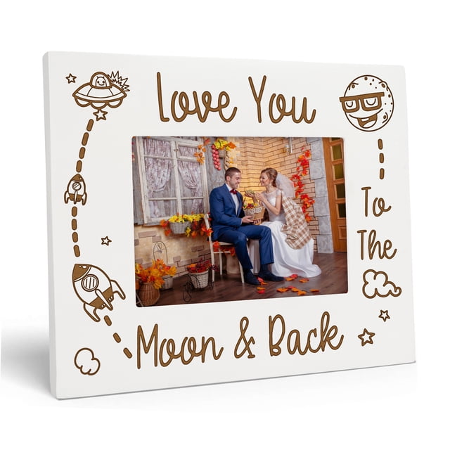 Darling Souvenir Made With Love Engraved Table Top Photo Frame Wooden Love You Moon & Back Quotes White Picture Frame Gift For Brothers Day, 4x6 Inches Horizontal Photo Size