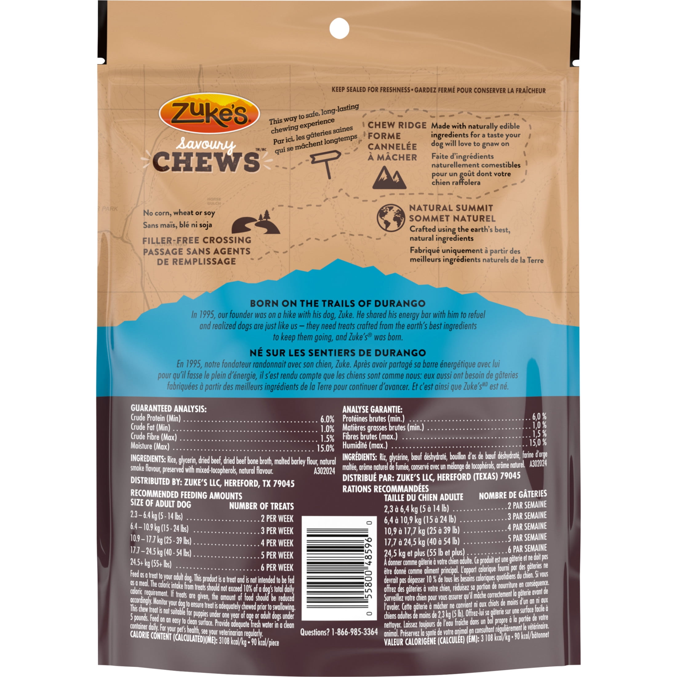 Zuke’s Savoury Chews Recette au Bœuf Nourri à l’Herbe, Bâtonnets de Macher pour Chiens 303 g