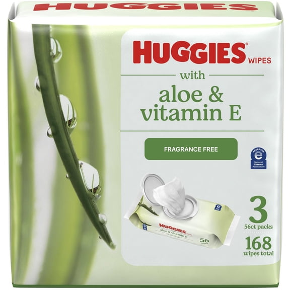 Lingettes Huggies à l’aloès et à la vitamine E, NON PARFUMÉES, 3 emballages à couvercle rabattable, total de 168 lingettes