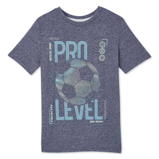 George T-shirt Graphique à Manches Courtes pour Garçons en Tricot jersey Bleu Marine Chiné avec Graphique avant d'Un Ballon de soccer et Texte « Niveau Pro » en Bleu Pâle, Accentué de phrases Motivationnelles Plus Petites en Jaune Pâle, avec Encolure Ras du Cou Classique et Manches Courtes, Idéal pour une Tenue Décontractée Ou active.