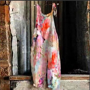 Mefallenssiah Women Ladies Printed Summer Sleeveless Backless Loose Long Playsuits Rompers Jumpsuit