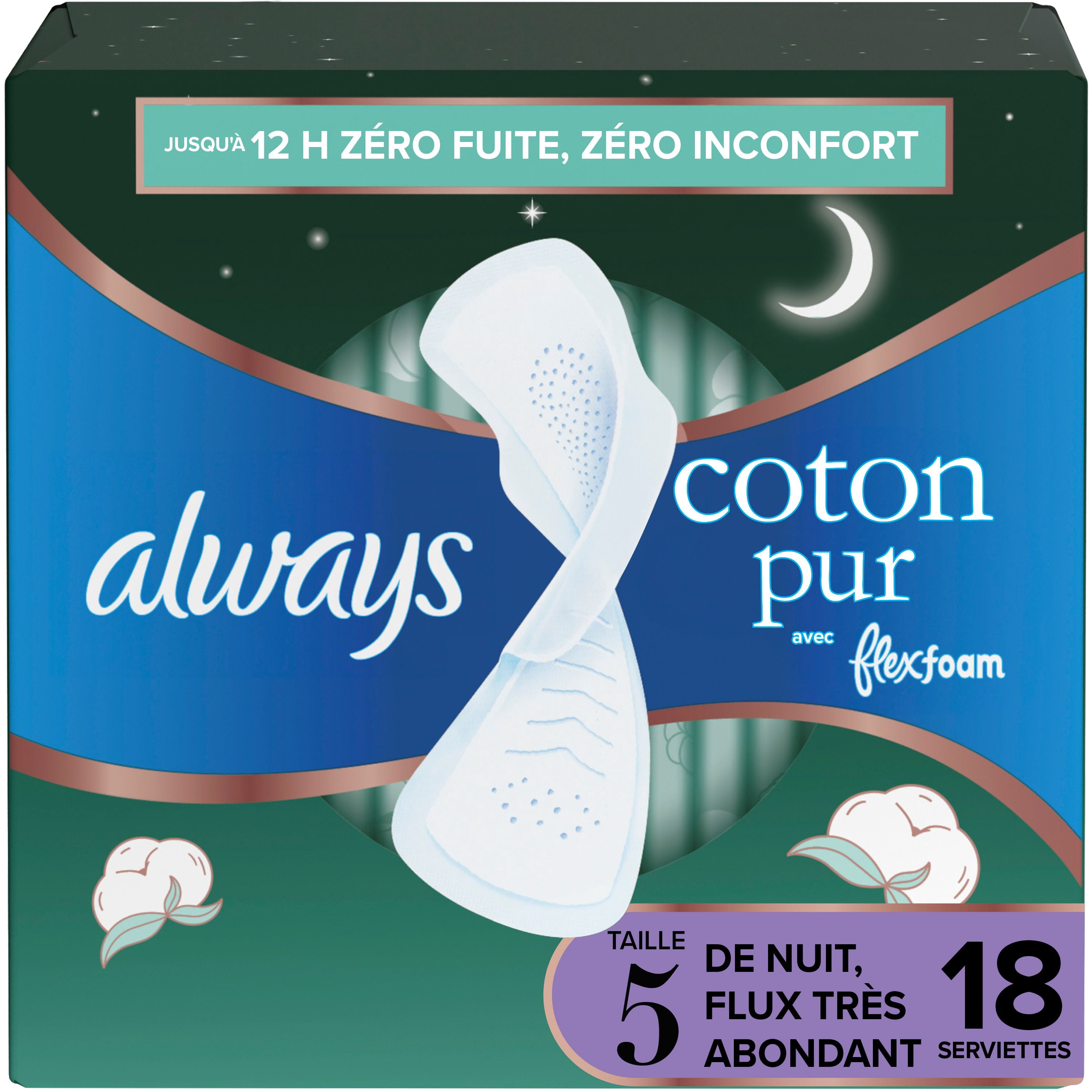 Always Coton Pur Serviettes Hygiéniques pour Femmes, Taille 5, de Nuit, Flux Très Abondant, avec Ailes, Non Parfumées