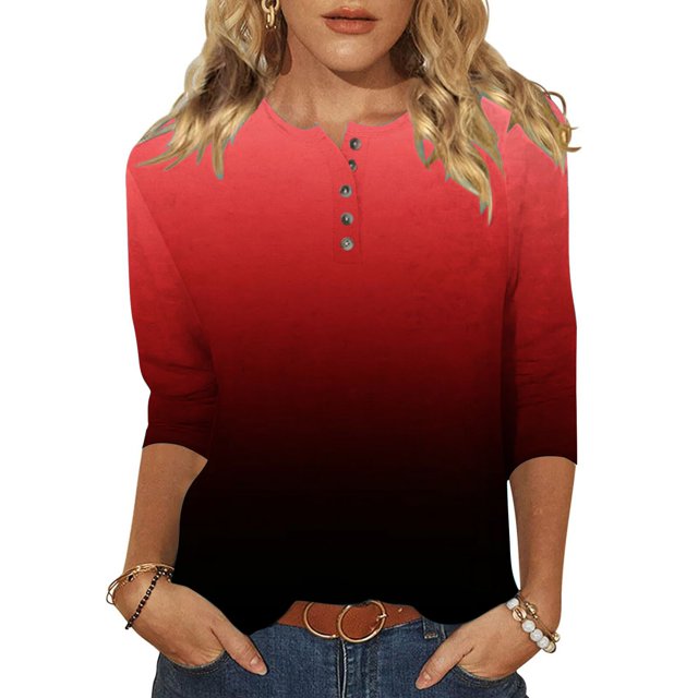 Yuyuzo Womens 3/4 Sleeve Tops Basic Button Crew Neck Solid Color Loose Fitted Tunics Tee Blouses