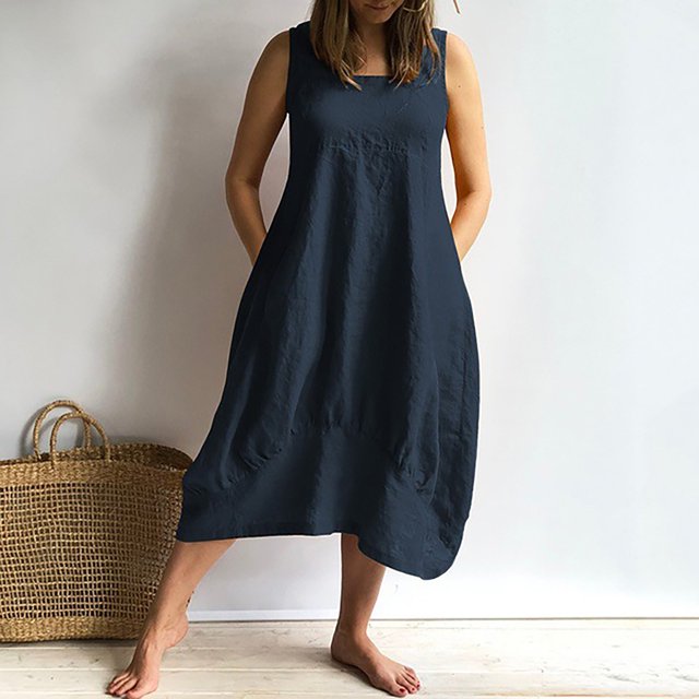 HKEJIAOI Robes Décontractées pour Femmes Offres Liquidation Robe d'Anniversaire Mode Été Coton Col Rond Sans Manches Ample Marine