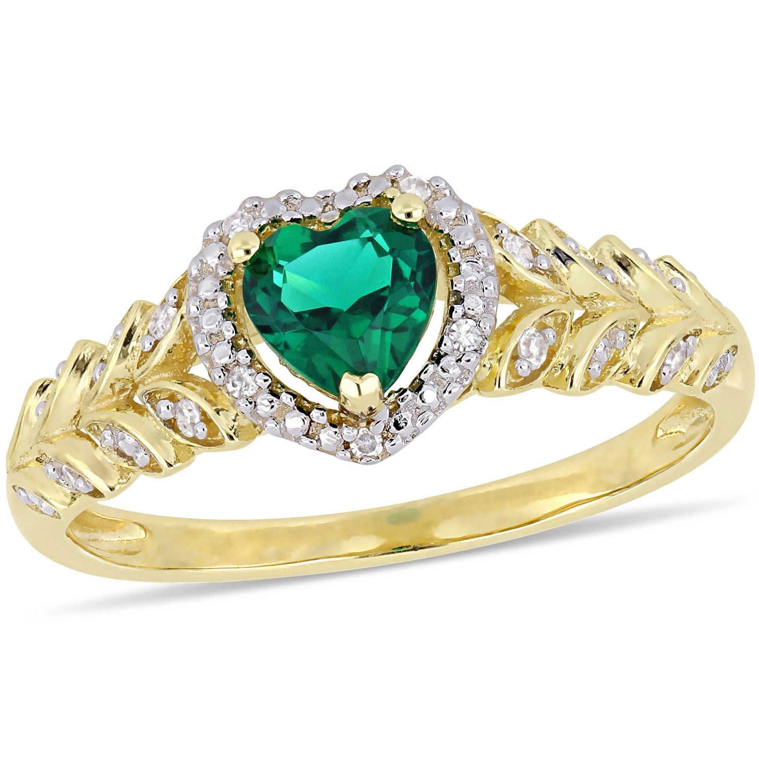 Bague auréole de forme cœur Tangelo avec émeraude synthétique 2/5 CT PBT et accents de diamants en or jaune 10K