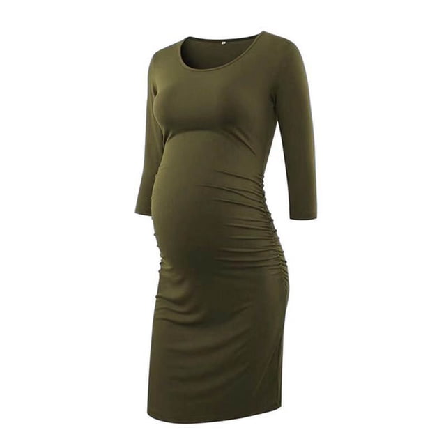 TIMIFIS Robe Moulante de Maternité pour Femme Froncée sur le Côté Robe à Manches 3/4 pour Usage Quotidien Été Décontractée Unie Mini Robes - Printemps/été