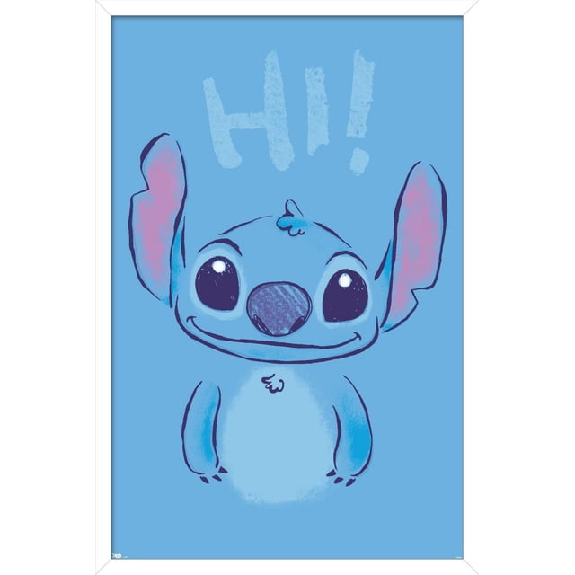 Disney Lilo and Stitch - Hi Wall Poster, 22.375" x 34" featuring a front-facing illustration of Stitch with large ears shaded pink inside, big black eyes with white highlights, and a smiling mouth on a blue background with the word 'Hi!' above, printed on glossy satin-finish poster paper suitable for decorating bedrooms, dorms, or offices.