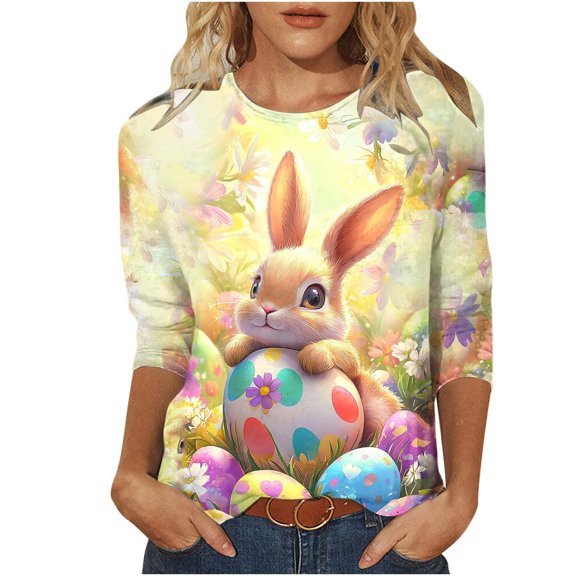 SDNall Women's Casual Easter Print T-Shirt, Loose Fit Three-Quarter Sleeve Pullover for Spring