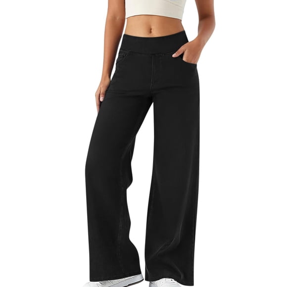 Aocisk Women's Jeans Stretch Waist Skinny Denim Waist Flared Belt Pocket Wide Leg Stretch Jeans for Women for Comfortable and Daily Use Black L