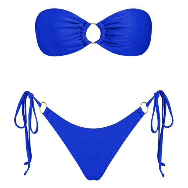 Womens 2 Piece Swimsuits Solid Color Strapless Backless Gathering Separate Bikini Blue Women's Swimwear XL
