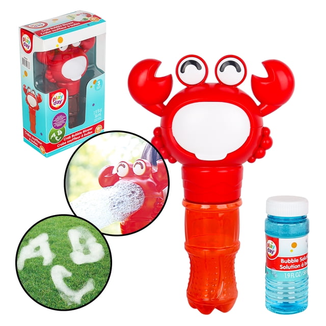Jouets Souffleurs de Bulles en Forme de Crabe, Playday, un Souffleur de Bulles Rouge et orange à Piles en Forme de Crabe avec de Grands Yeux et Griffes, Poignée à Prise Texturée, Comprend une Bouteille de 56 ml de solution de Bulles Bleue et un Emballage, Conçu pour le Bain des Bébés et le Jeu de Bulles Extérieur.
