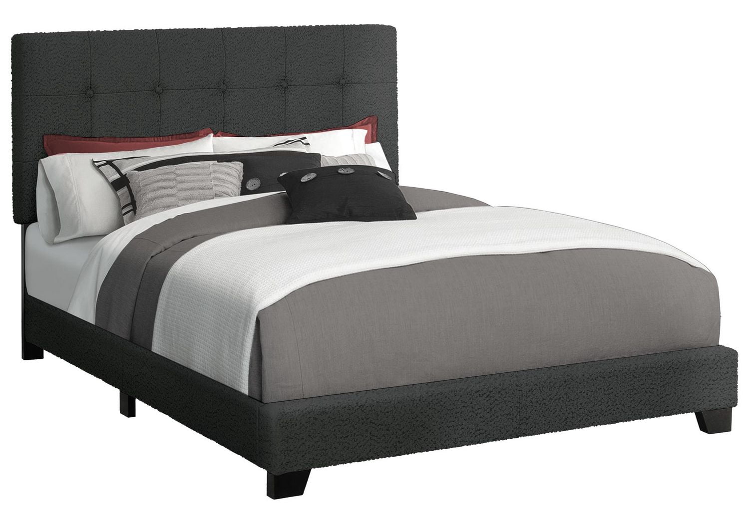 Monarch Specialties Lit, Chambre À Coucher, Cadre Seulement, Grand, Rembourré, Boucle Gris Foncé, Transitionnel