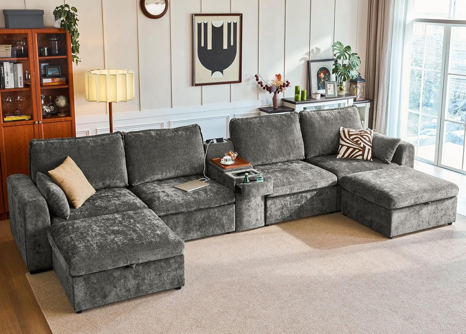 BEDEEP Canapé Sectionnel Modulaire de 174,4 Po avec Console et Station de Recharge, Canapé Nuage en Chenille en Forme de U avec Pouf de Rangement, Canapé Profond Convertible 6 Places avec Méridienne pour Salon, Gris