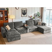 BEDEEP 174.4'' Modular Sectional Sofa with Console Charging Station, U Shaped Chenille Cloud Couch with Storage Ottoman, Convertible 6-Seat Deep Sofa with Chaise for Living Room, Grey
