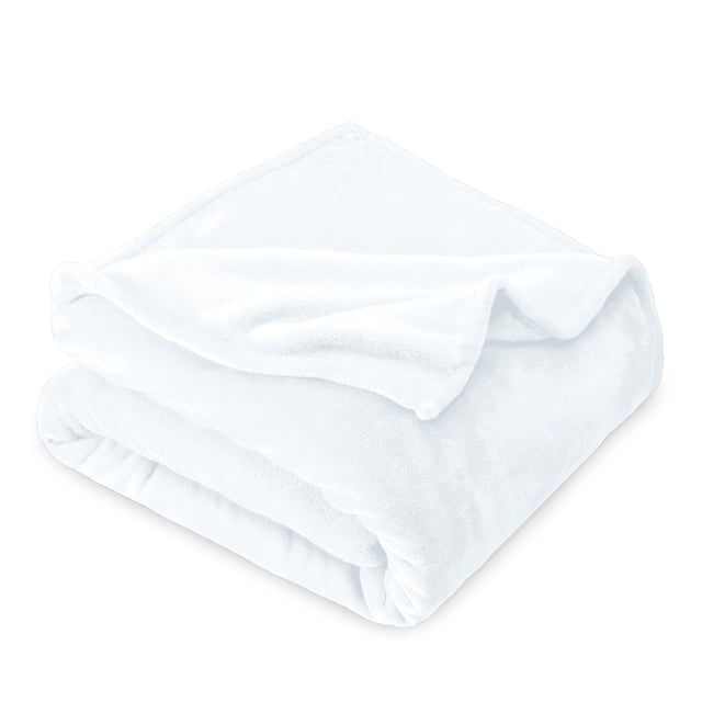 Bare Home Microplush Fleece Blanket in white, king size measuring 108” x 90”. Features a soft and plush texture made from premium microfleece yarns. Anti-pilling, wrinkle-free, and hypoallergenic design suitable for beds, couches, travel, or winter camping. Ideal for use as a throw blanket in chilly movie theaters or during outdoor activities.