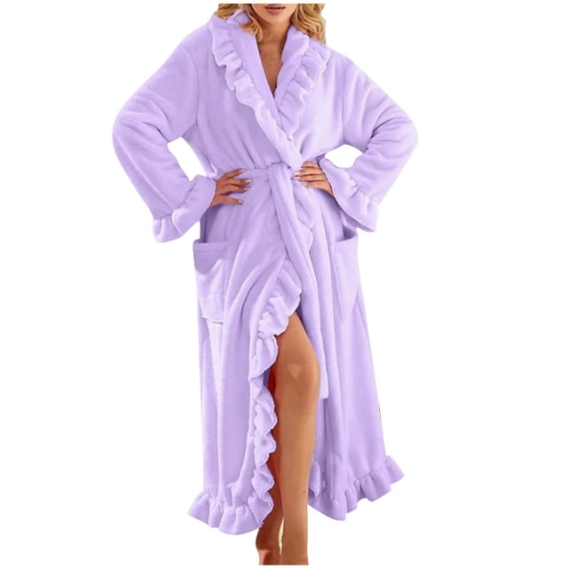 Moxiu Womens Long Sleeve Fuzzy Robe - Cute Ruffle Ultra Soft Plush Ankle-Length Warm Fleece Bathrobe with Pockets Purple,L