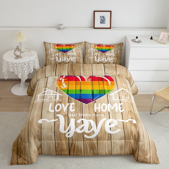 YST Pride Decorations for Home, Love Home Pride Day Comforter Set Lgbt Sign Decor Bedding Comforter Sets Rainbow Pride Wodden Style Bedding Sets with 2 Pillowcases Queen