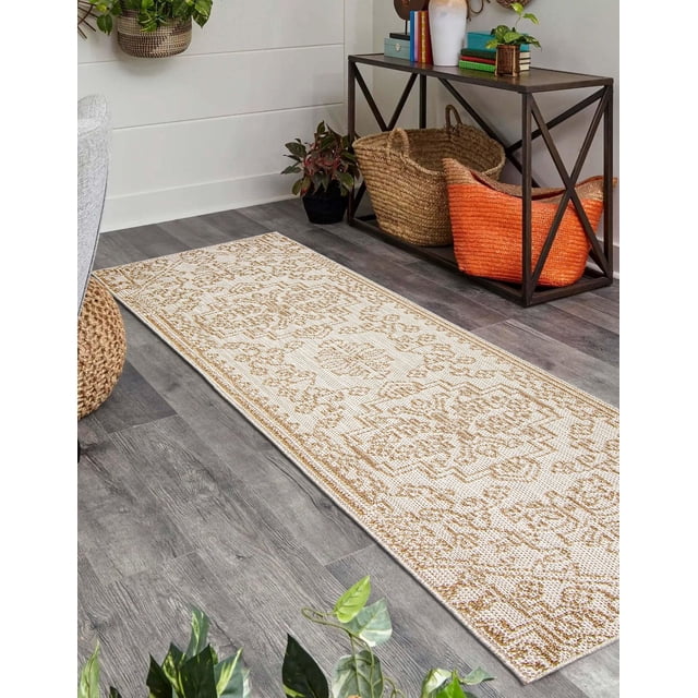 ECARPET Jute Style Area Rug for Bedroom, Living Room, Dining Room Umbra Collection featuring a rectangular indoor runner rug with tan and ivory jute-style geometric patterns on grey hardwood floors, complemented by woven baskets and green plants, ideal for high-traffic areas and diverse interior designs.
