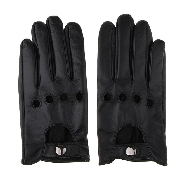 Men Retro Black Leather Driving Gloves Lined Screen - Black, L. These real leather gloves feature a classic design with distinct perforated holes and a convenient snap button closure. They are touchscreen-compatible, soft, and lined for moisture-wicking comfort. Suitable for driving, motorcycling, or winter use.